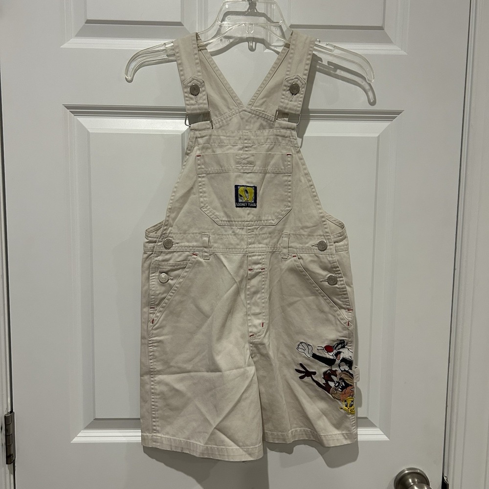 Vintage 90s Classic Looney Tunes Collection Girls 10 Shortalls Overalls Beige